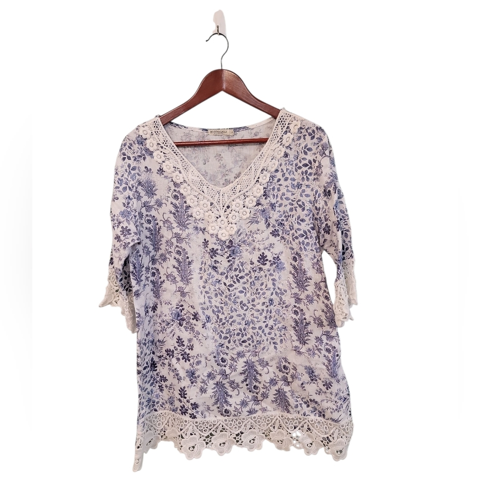 Marina Gigli Italy Tunic Top Large Linen‎ Lace Floral Coastal Preppy Beachy